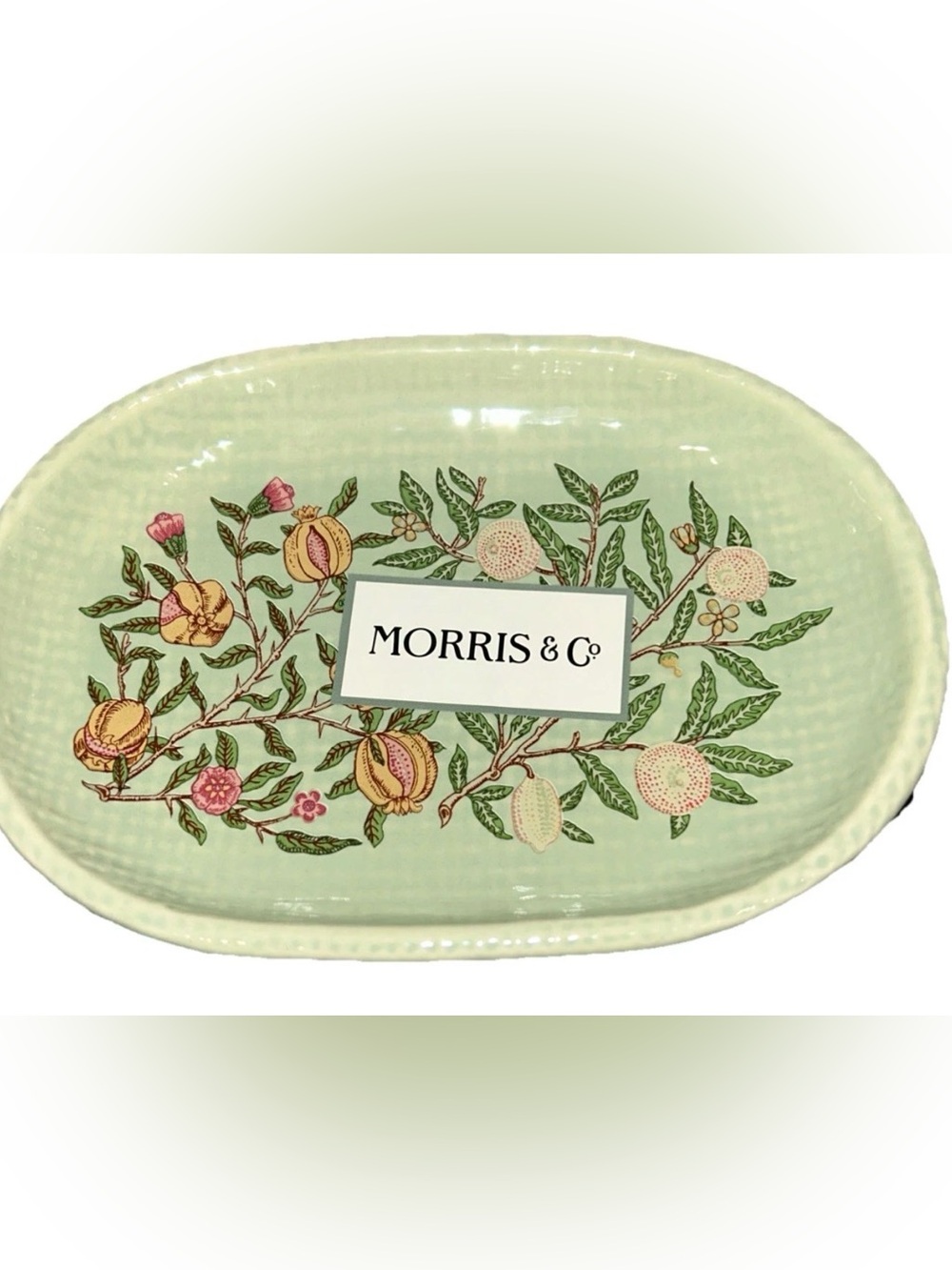 Large MORRIS & CO. Green Floral Fruit Burlap-Look Oval Ceramic Soap Dish NEW